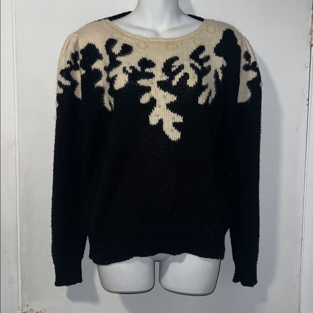IMARI Vintage Angora Blend Beaded Black and White Sweater-M